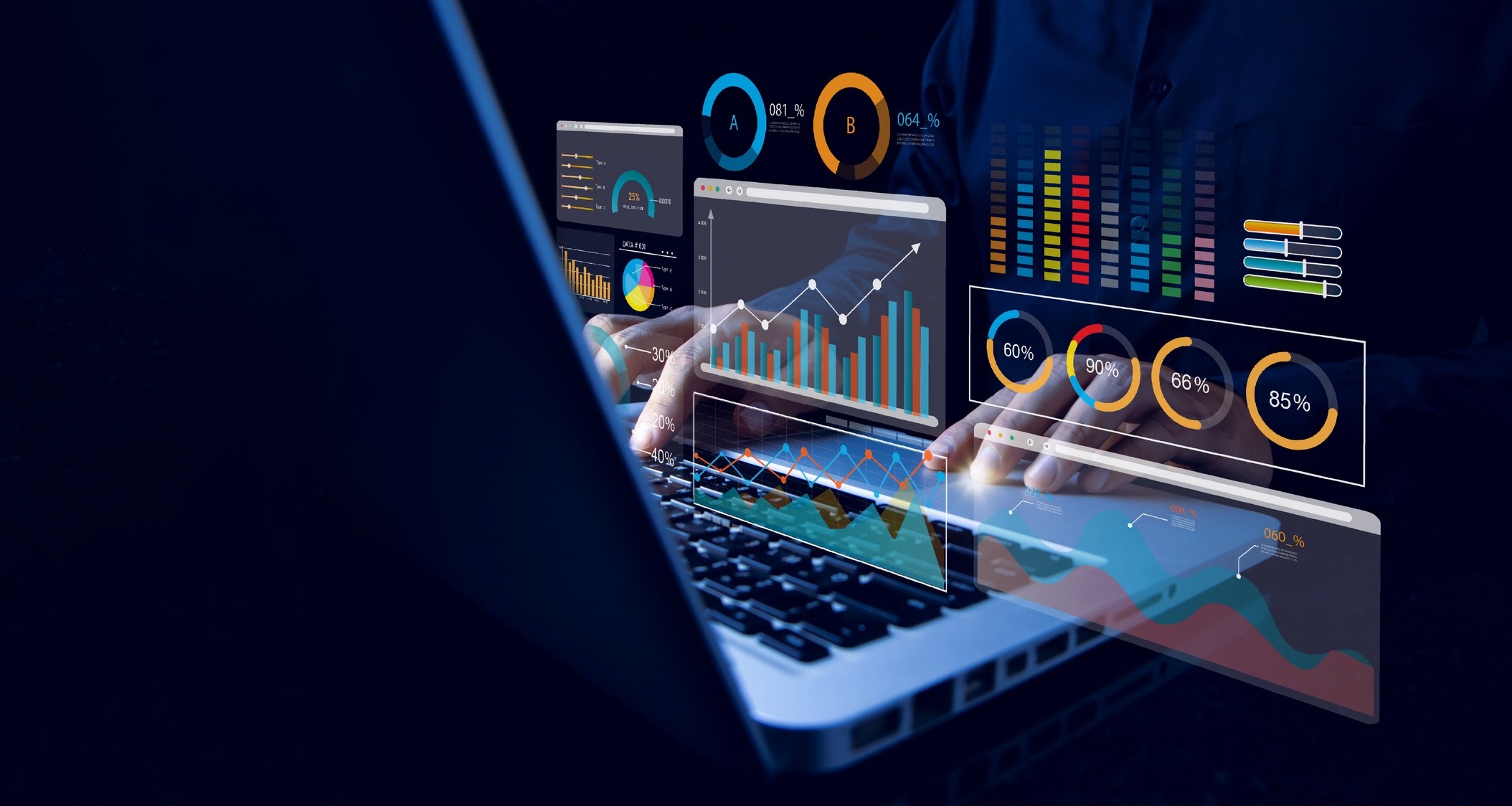 A person is working on a laptop with transparent digital data charts, graphs, and analytics visuals surrounding the screen, depicting data analysis tasks.