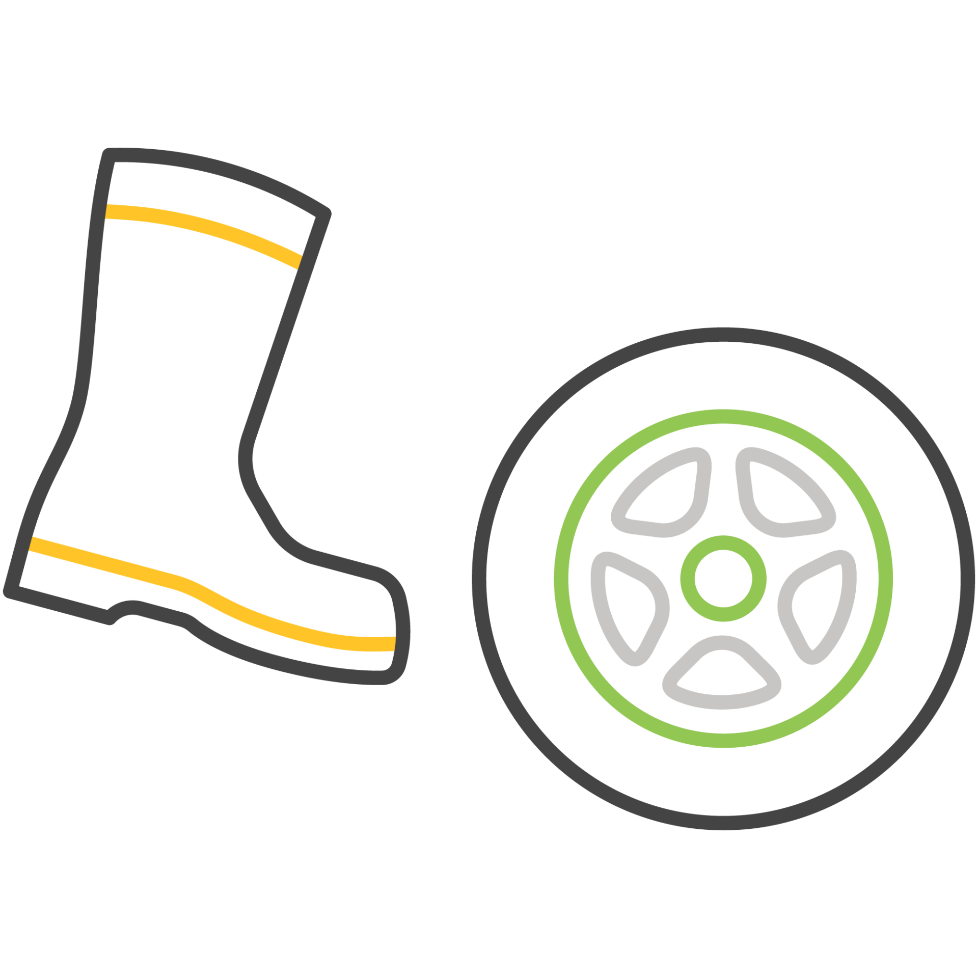 The image shows a green boot with yellow stripes and a green car tire. There are no people, landmarks, or historical buildings.