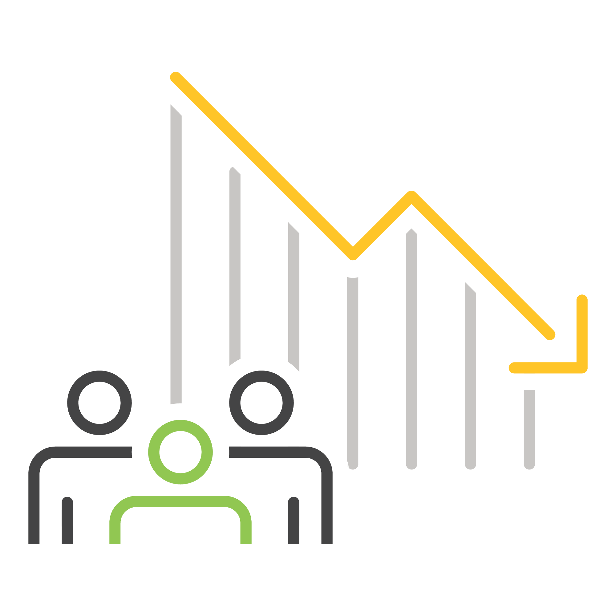 Three abstract figures are below a downward-trending yellow graph line, symbolizing a decline or decrease. The background consists of vertical gray bars.