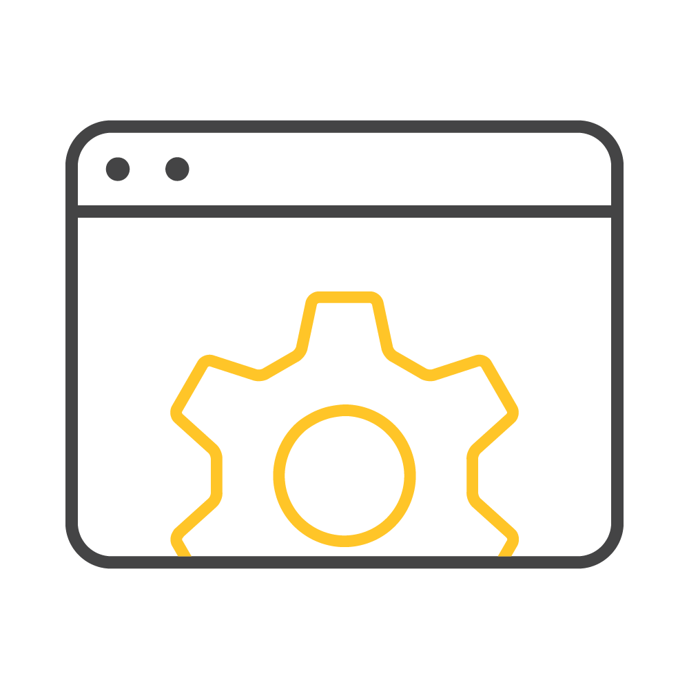 A graphic showing a web browser window with a yellow gear icon inside, symbolizing website settings or technical configurations.