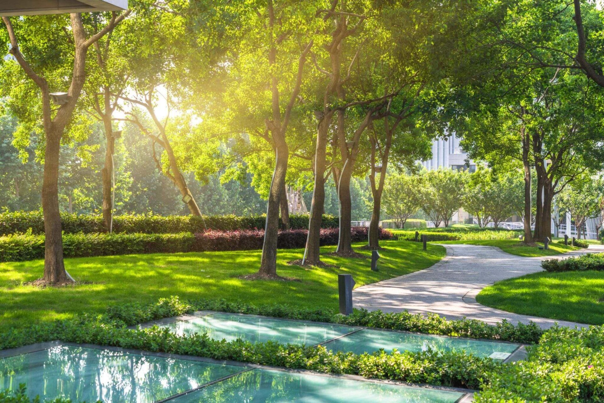 A sunlit park scene featuring a winding path, lush green trees, manicured lawns, and landscaped garden beds, with no people visible.