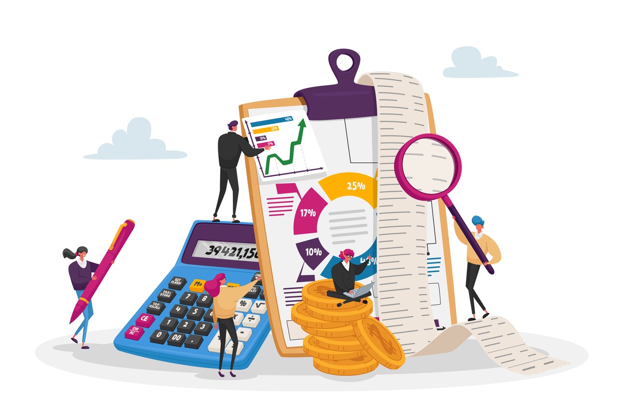 Organizing Accounting, Financial, Banking Data. Tiny Accountant Characters around of Huge Clip Board Filling Bookkeeping Graphs and Charts Counting Debit and Credit. Cartoon People Vector Illustration