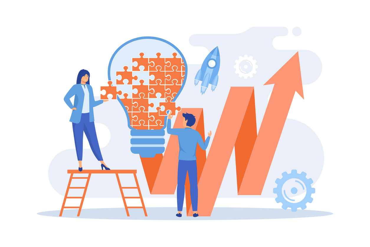 Business team doing lightbulb from jigsaw puzzle and rising arrow. Creative idea and insight, notion, invention concept on white background, flat vector modern illustration