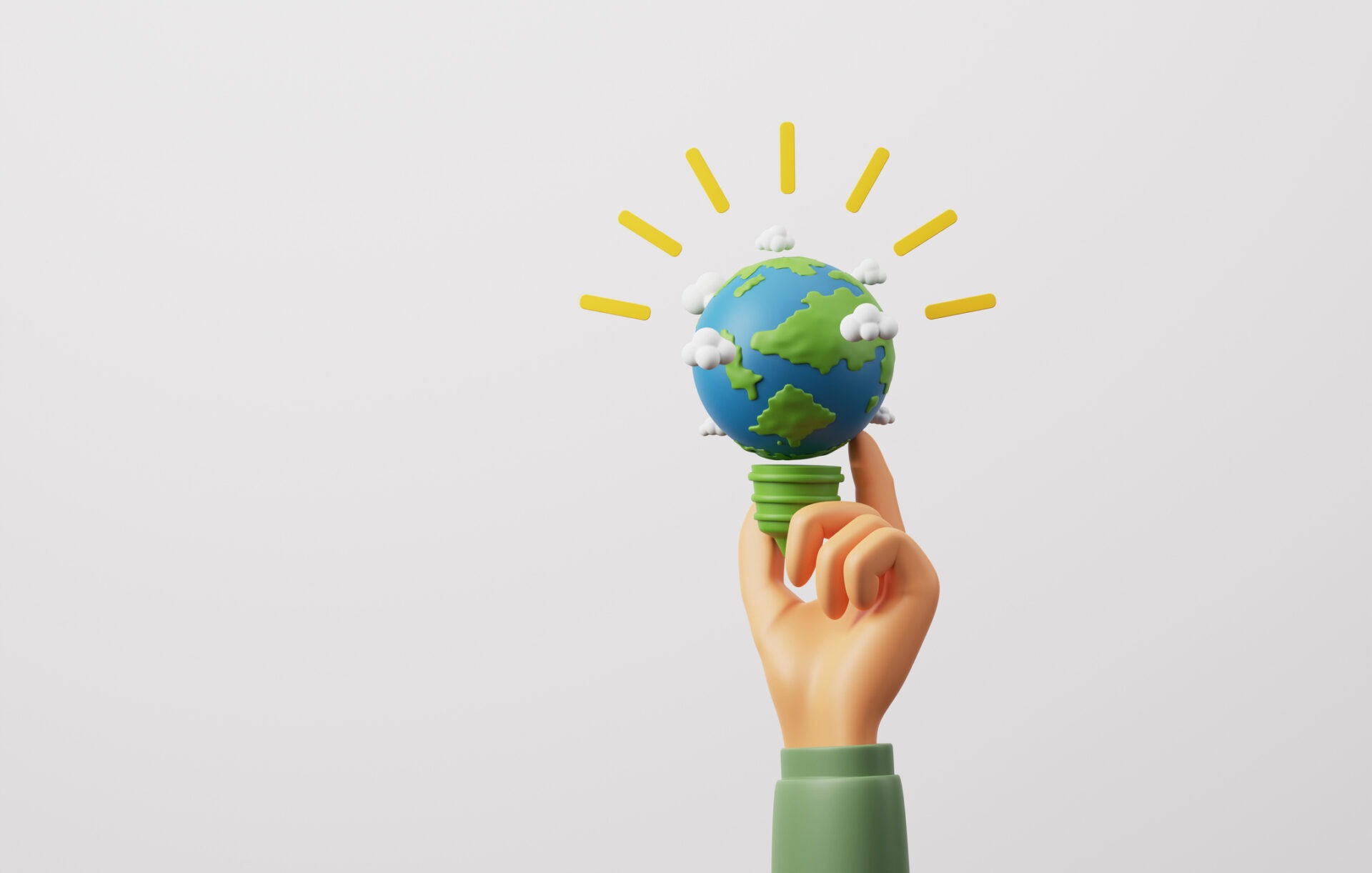 A person holds a lightbulb shaped like Earth, with yellow rays and white clouds around it, symbolizing global ideas or environmental consciousness.