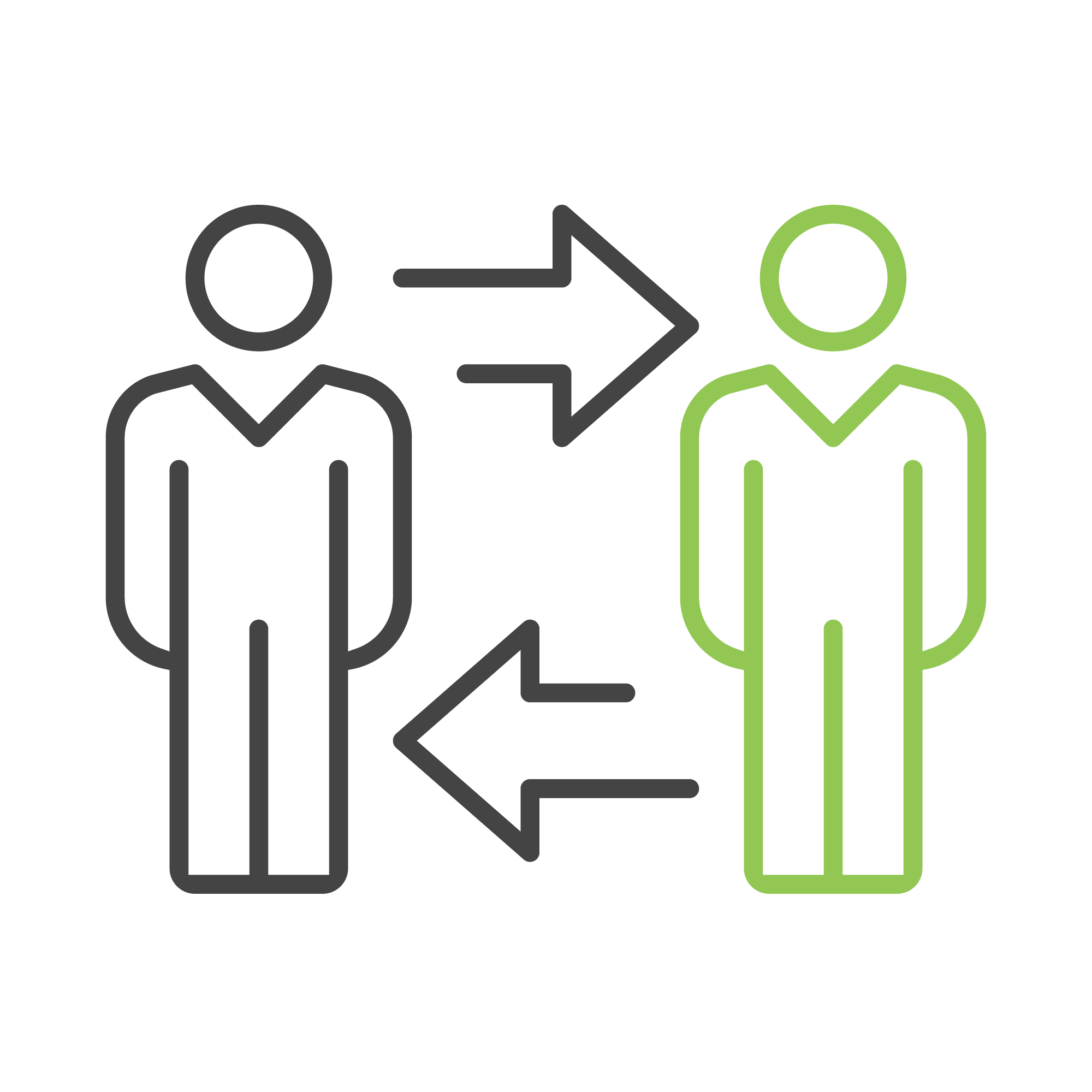 The image shows two simple outlined figures with arrows pointing between them, indicating exchange or communication, set against a green background.