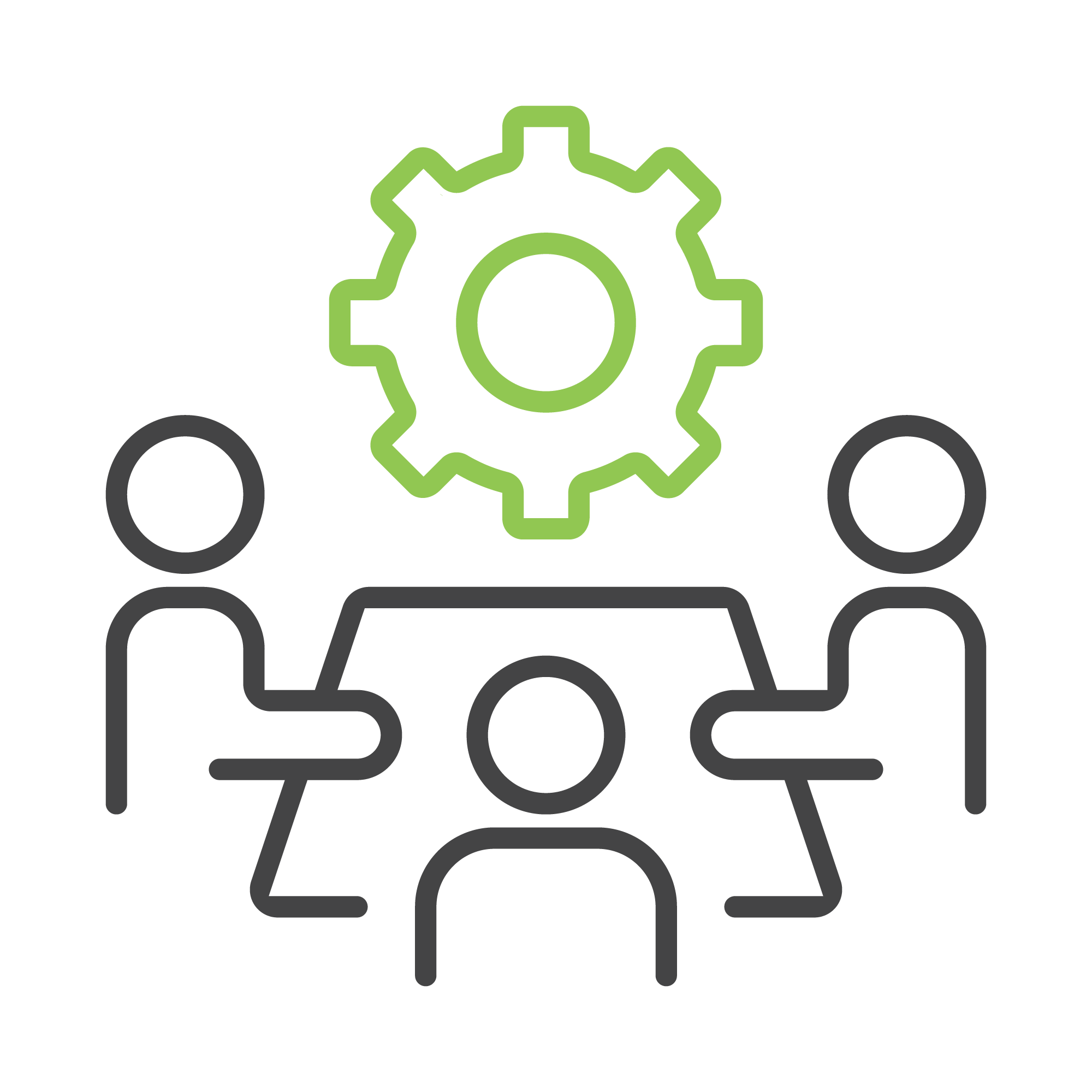 Three simplified figures sit around a table, with a green gear icon above them, indicating teamwork or collaboration.