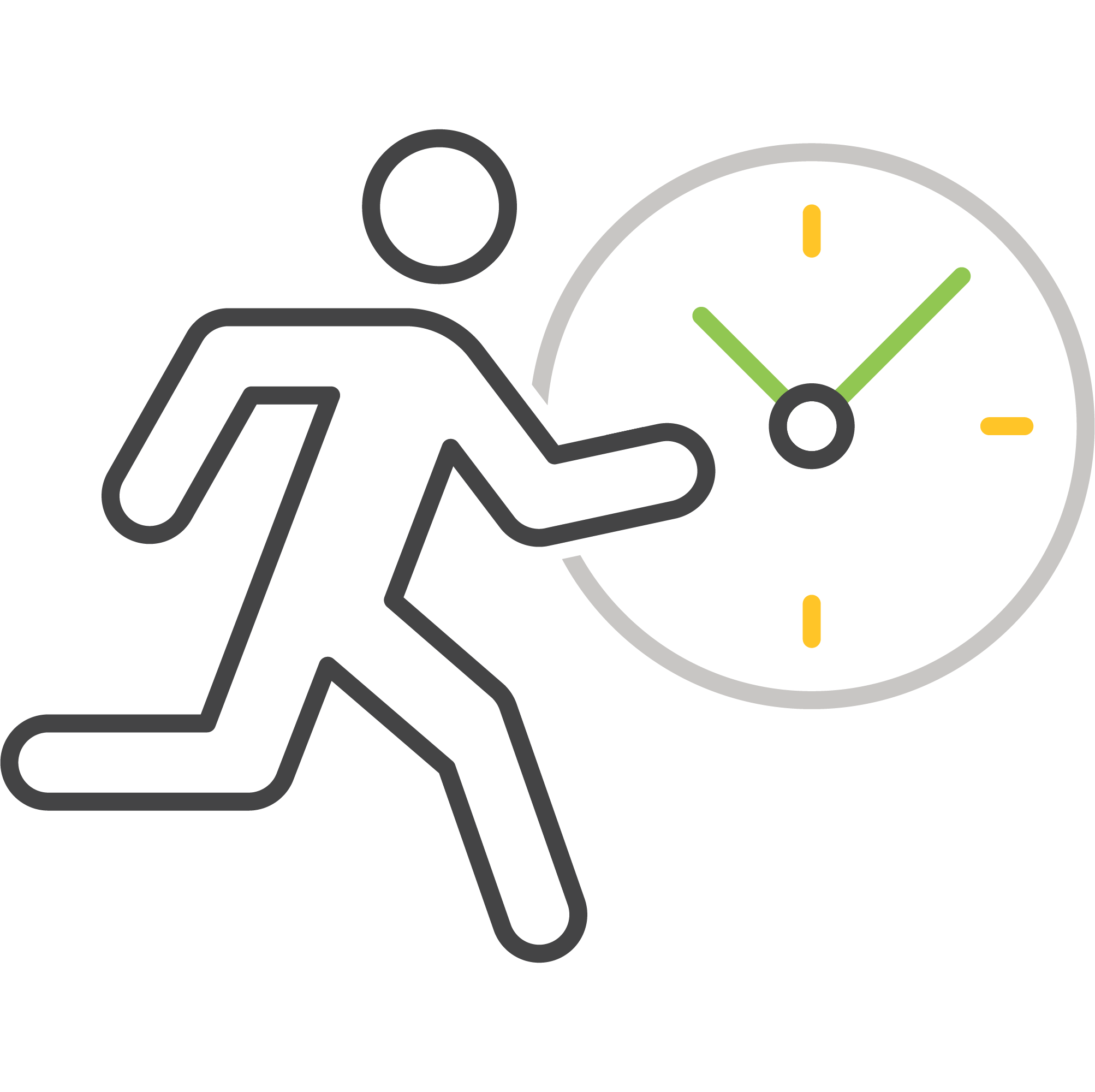 This image depicts a stylized figure of a person running, with a clock in the background, indicating urgency or the concept of time management.