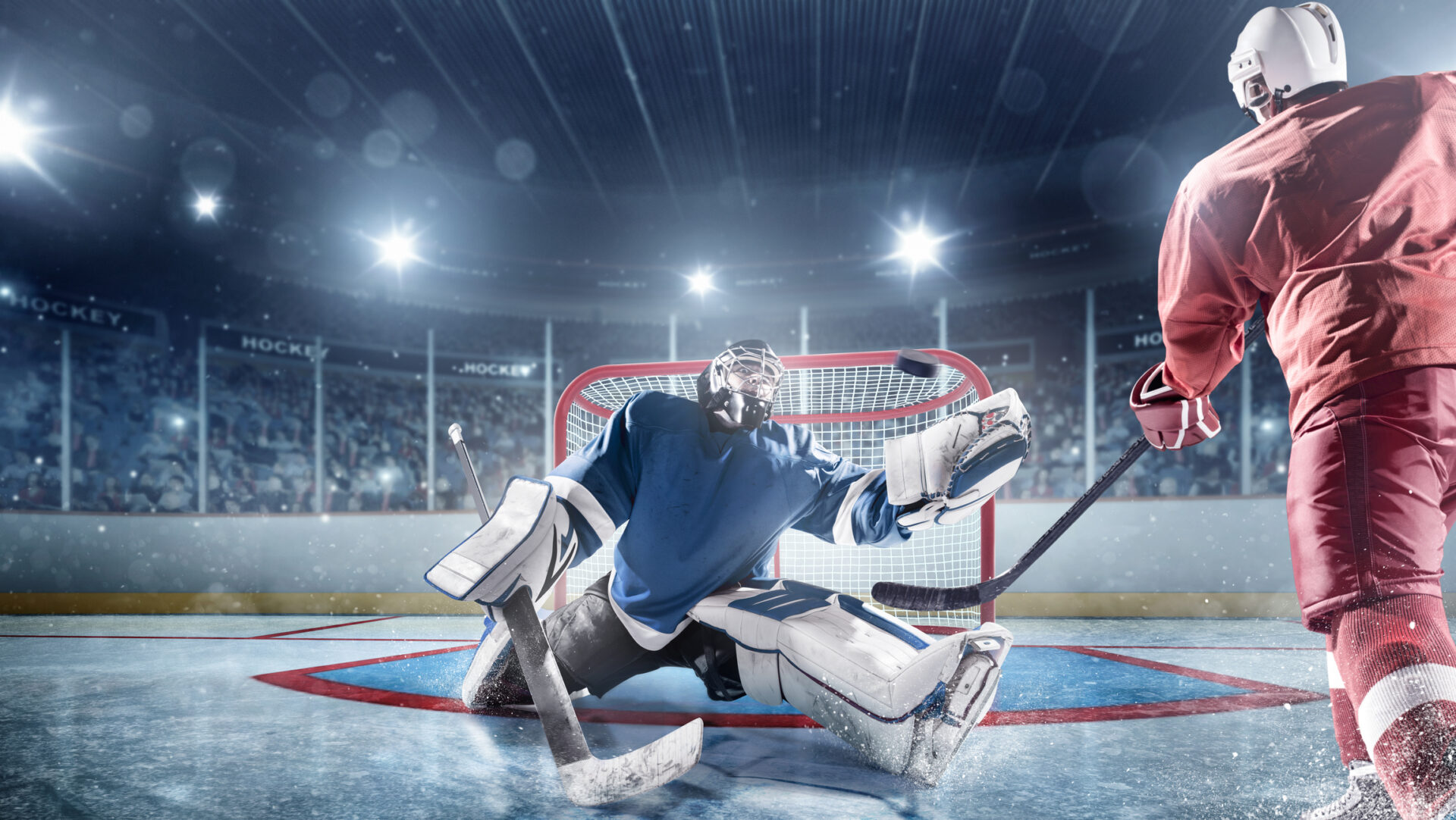 View of professional ice hockey player scoring during game in indoor arena full of spectators