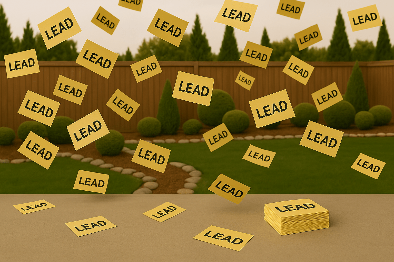 Yellow sticky notes labelled 'LEAD' falling from the sky in a neatly landscaped backyard, with a stack of notes on a table in the foreground and a wooden fence and manicured shrubs in the background.