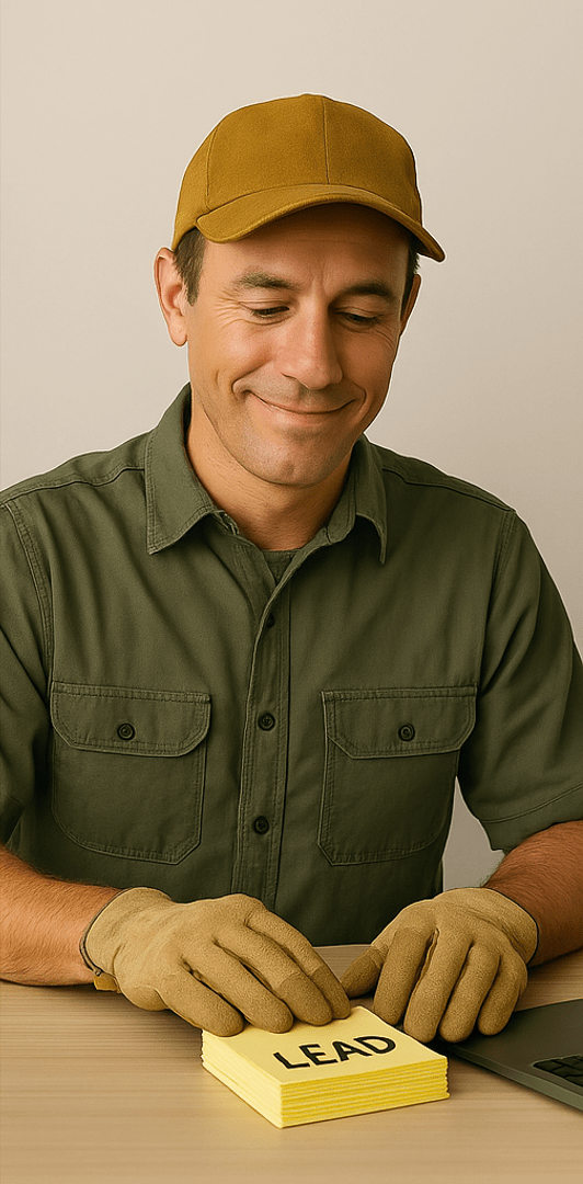 A man wearing a mustard-yellow cap, olive green button-up shirt, and tan work gloves is smiling gently while sitting at a desk. He is organizing a stack of yellow sticky notes labeled "LEAD" next to a laptop, conveying a sense of calm and productivity.