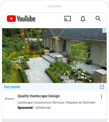 Screenshot of a YouTube mobile ad featuring Gelderman Landscape Services. The ad showcases a beautifully landscaped front yard with stone pavers, garden beds, and a walkway leading to a home. The ad text promotes "Quality Hardscape Design" with a call to action to request an estimate. The ad is labeled as sponsored by Gelderman.