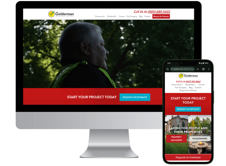 Screenshot showing the responsive website design for Gelderman Landscape Services on both desktop and mobile devices. The homepage features a prominent call-to-action banner with the text "Start Your Project Today" and a "Request an Estimate" button. The navigation menu includes links to Commercial, Residential, Careers, and more. The mobile version highlights services for property managers and homeowners.