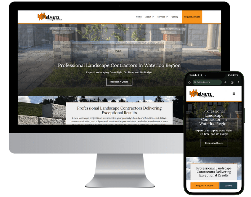 Screenshot displaying the responsive website design for Helmutz Landscape & Interlock on both desktop and mobile devices. The homepage features a clean, professional layout with a prominent background image of a stone landscape project. Text on the screen reads “Professional Landscape Contractors in Waterloo Region” and highlights expert landscaping done right, on time, and on budget. Clear call-to-action buttons include “Request a Quote” and “Call Us.” The navigation menu includes links to Home, About, Services, and Gallery.