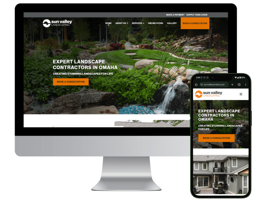 Screenshot showcasing the responsive website design for Sun Valley Landscaping on desktop and mobile devices. The homepage features a vibrant, professionally landscaped yard with a lush lawn, rock garden, and waterfall. Prominent text reads “Expert Landscape Contractors in Omaha” with a bright orange “Book a Consultation” call-to-action button. The site navigation includes links to Services, Gallery, and an Online Store.