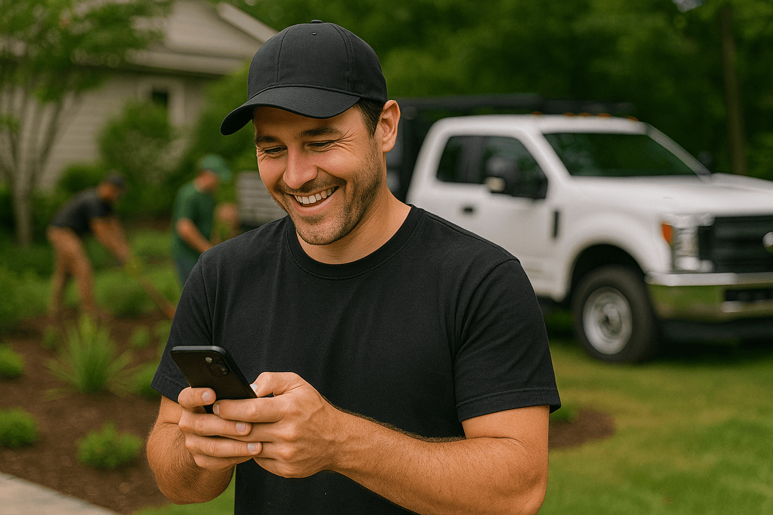 Smiling landscaper in a black shirt checking his phone with a white work truck and crew members working in the background.