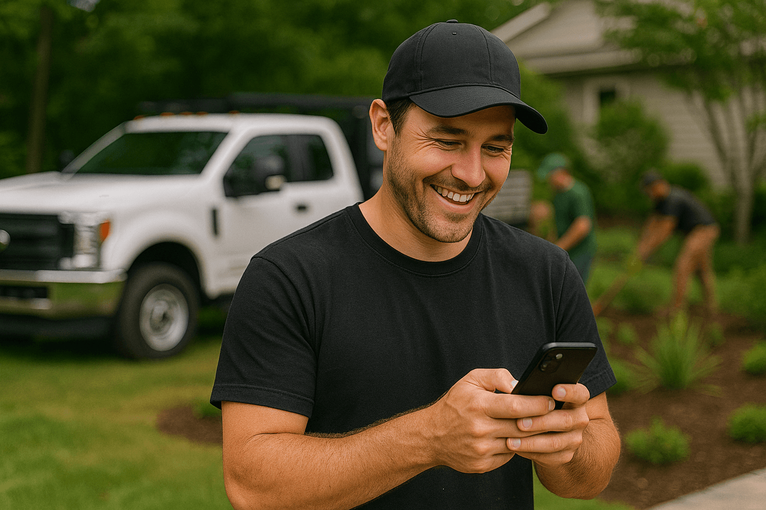 Smiling landscaper in a black shirt checking his phone with a white work truck and crew members working in the background.