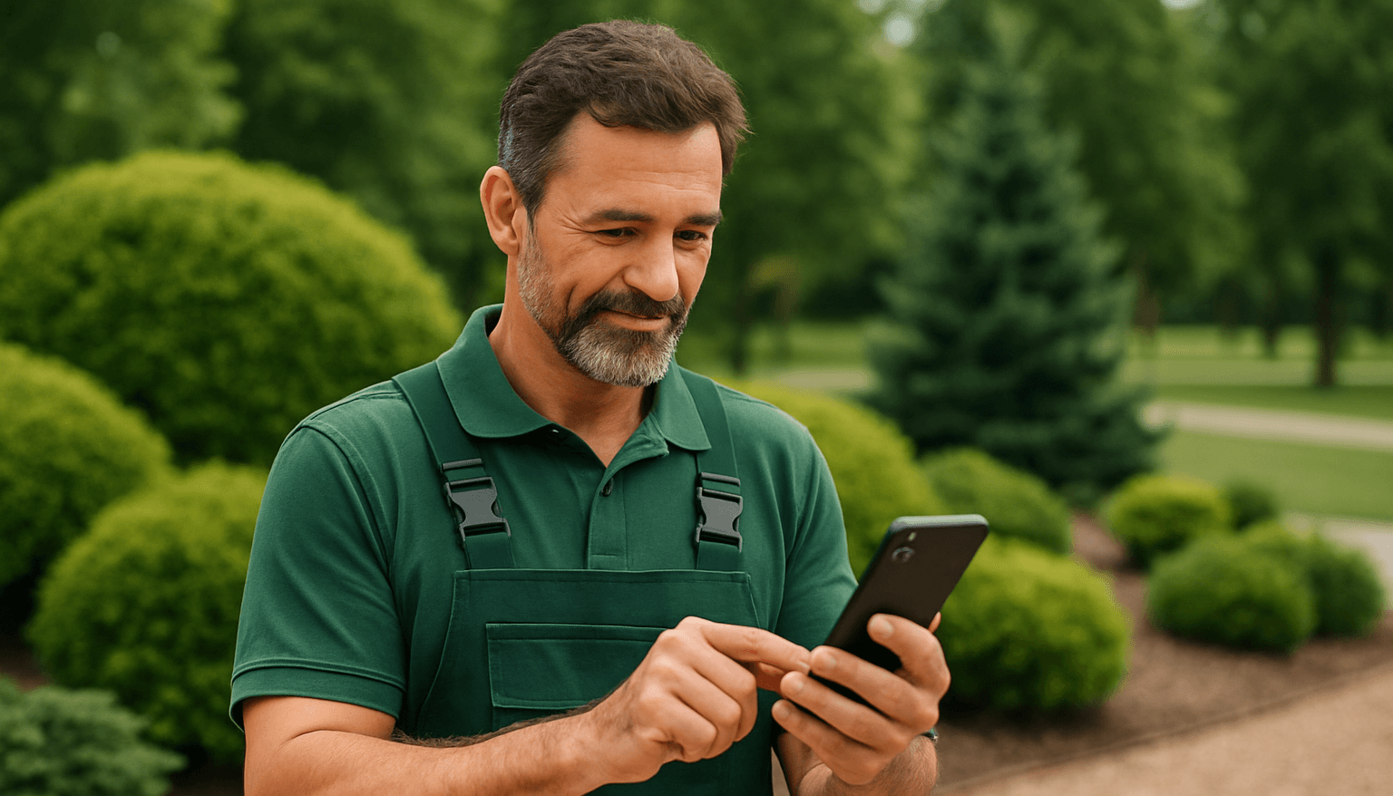Middle-aged landscaper in green work overalls using a smartphone outdoors, surrounded by well-maintained shrubs and trees in a landscaped garden.